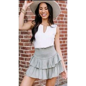 Altar'd State Sage Green Smoked‎ Tiered Mini Skirt Women's Size Small